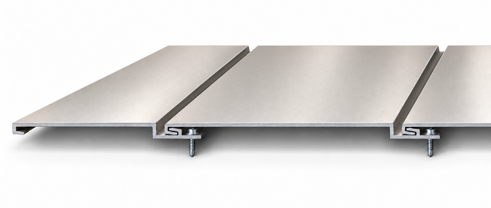 Aluminium cladding interlocking edges, recessed joints and screw fixings