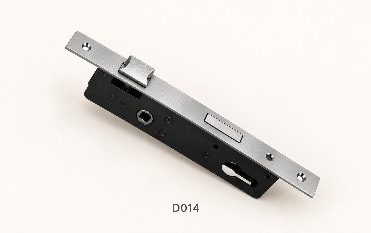 D014 black mortise lock case with stainless steel coloured faceplate and bolts