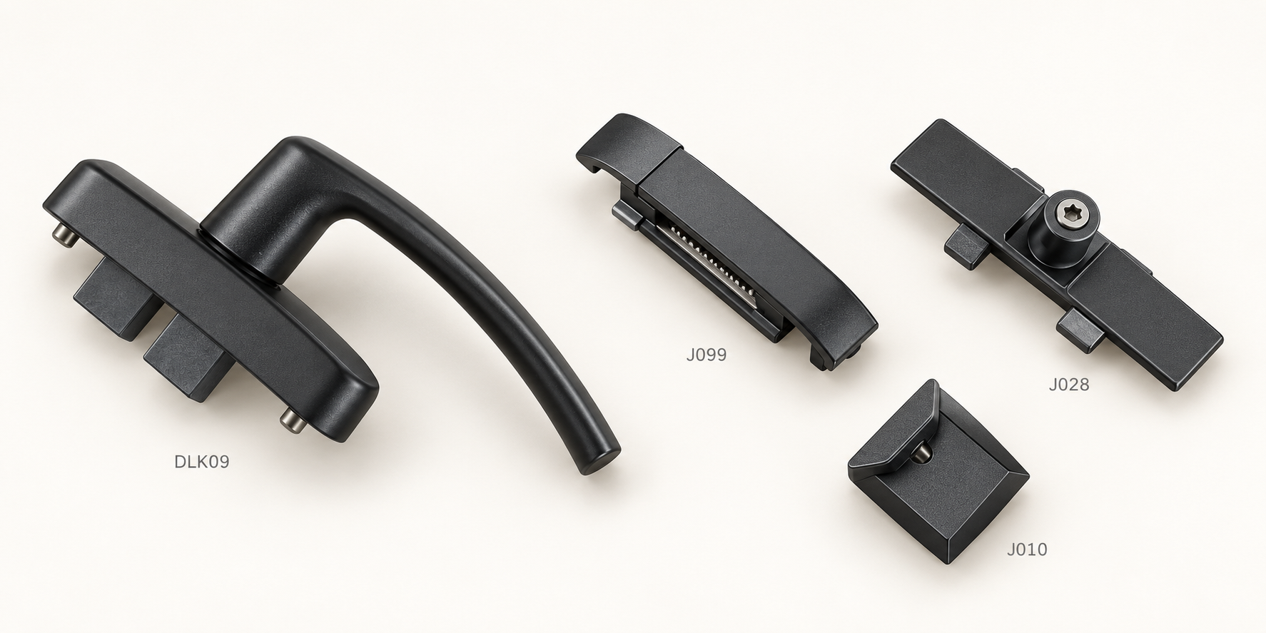 Black multipoint locking hardware: DLK09, J099, J028 and J010