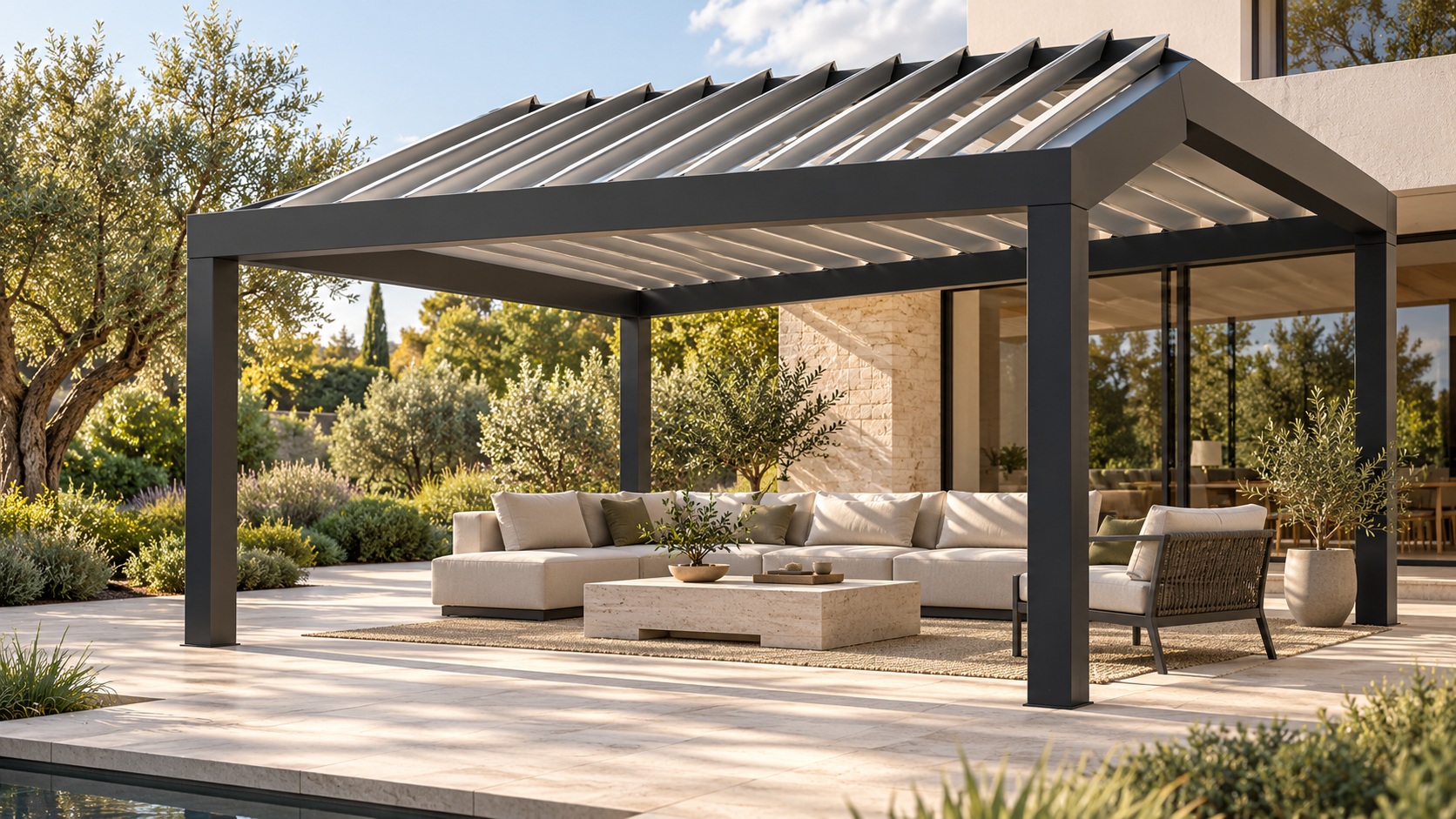 Concept render of a motorised aluminium louvred pergola with open roof blades