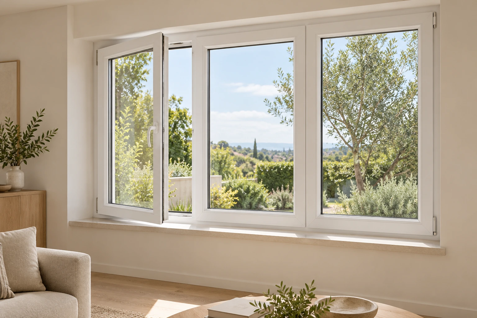 Concept render of white UPVC windows in a modern living space